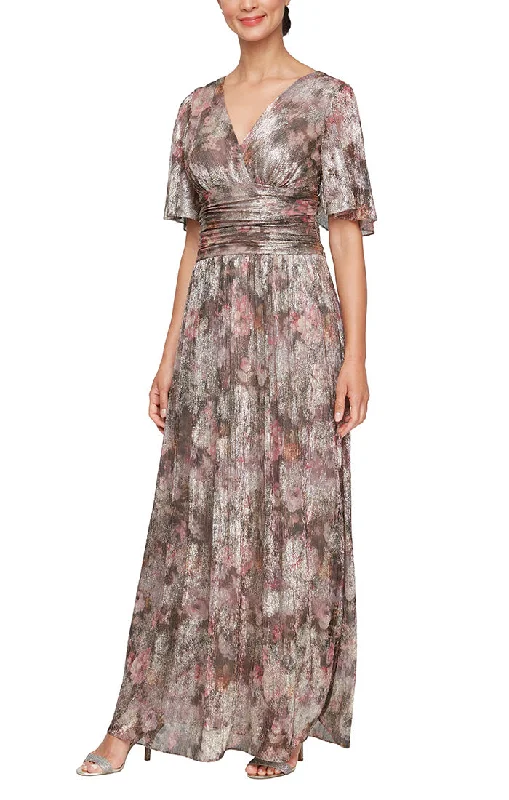 maxi dresses for officeLong Metallic Knit Surplice Dress with Ruched Waist & Flutter Sleeves