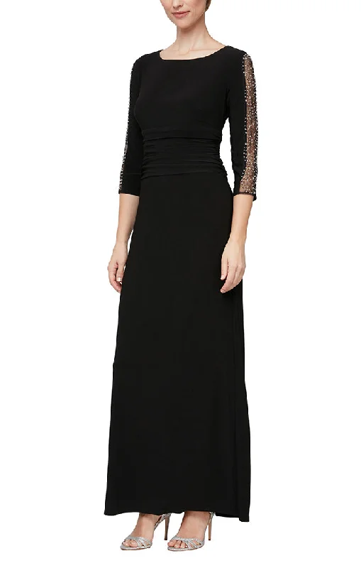 maxi dresses with rufflesMatte Jersey Long Dress with Embellished 3/4 Sleeve Detail