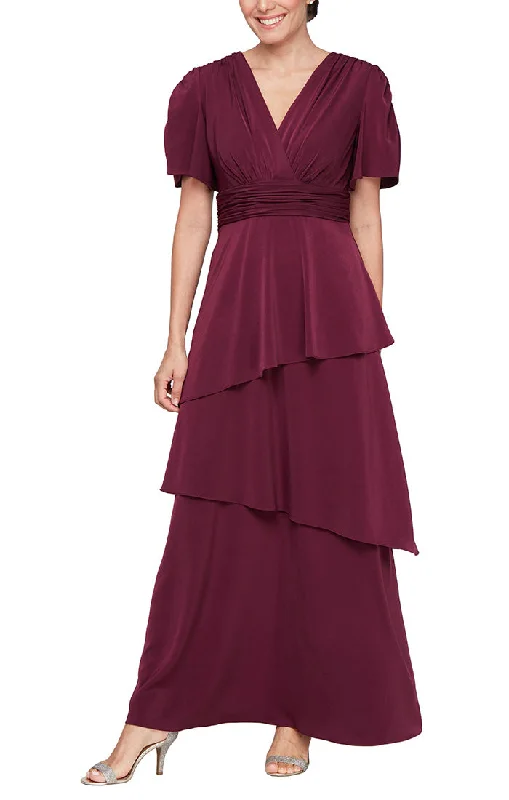 lace maxi dressesLong Satin Charmeuse Dress with Ruched Waist and Asymmetric Tiered Skirt