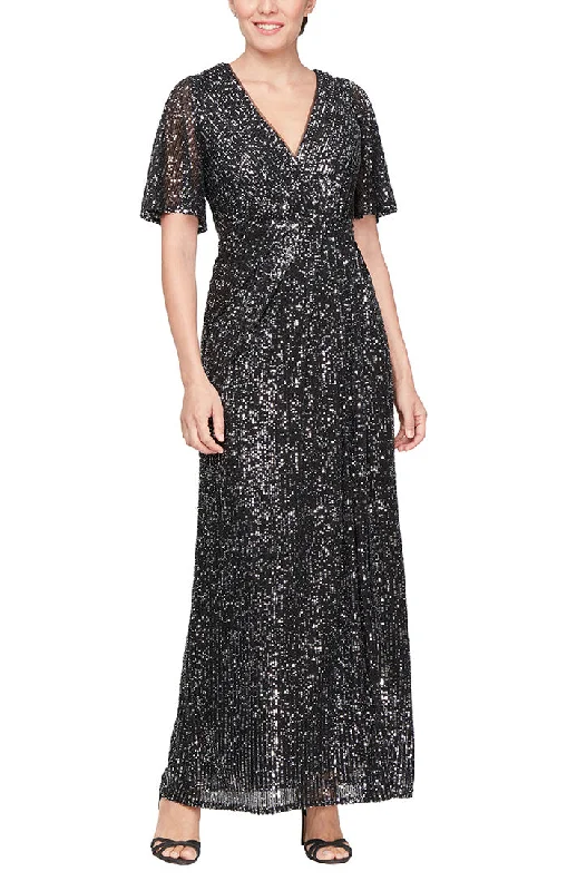 velvet maxi dressesLong Sequin Surplice Neckline Dress with Elbow Flutter Sleeves