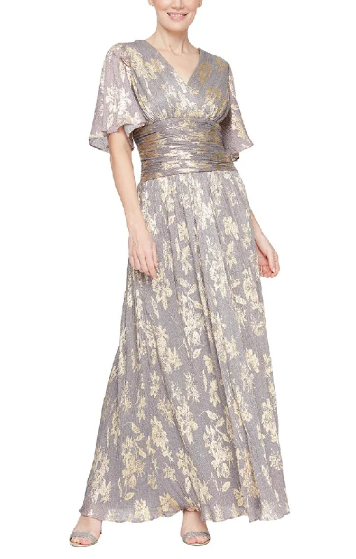 maxi dresses for plus sizeLong Surplice Shimmer Foil Printed Dress with Ruched Waist