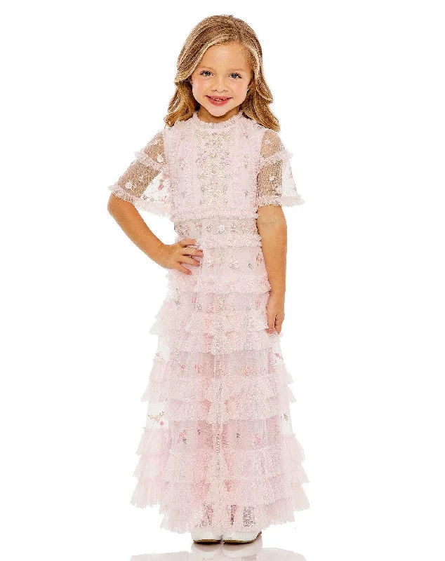 maxi dresses with embroidered patternsMac Duggal 8065 Short Sleeve Little Girls Long Dress