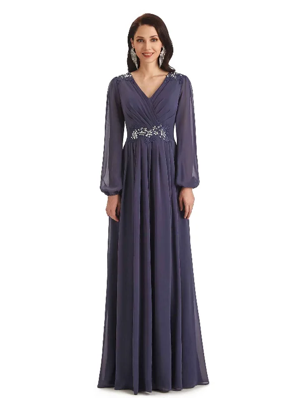 bohemian wedding dressesModern Chiffon Long Sleeves V-neck Long Mother of The Bride Dresses