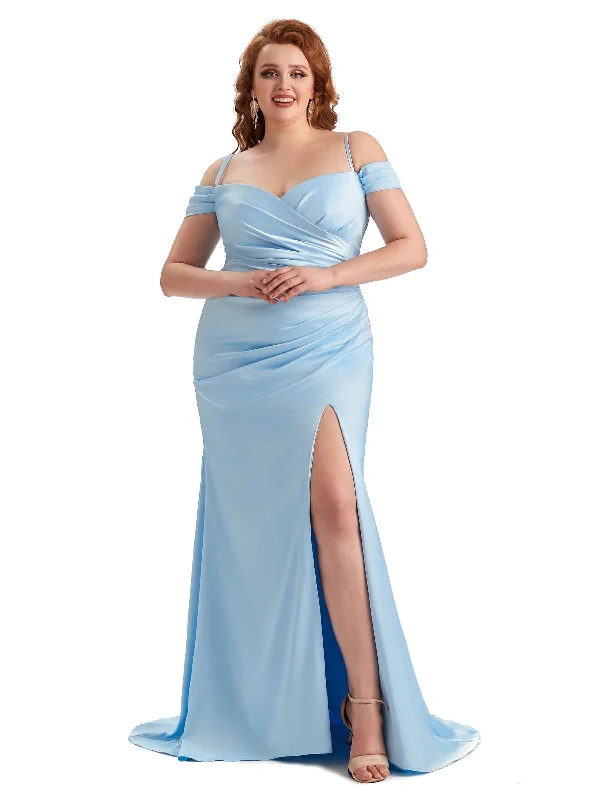 casual maxi dressesPlus Size Sexy Side Slit Cold Shoulder Mermaid Soft Satin Long Maid of Honor Dresses