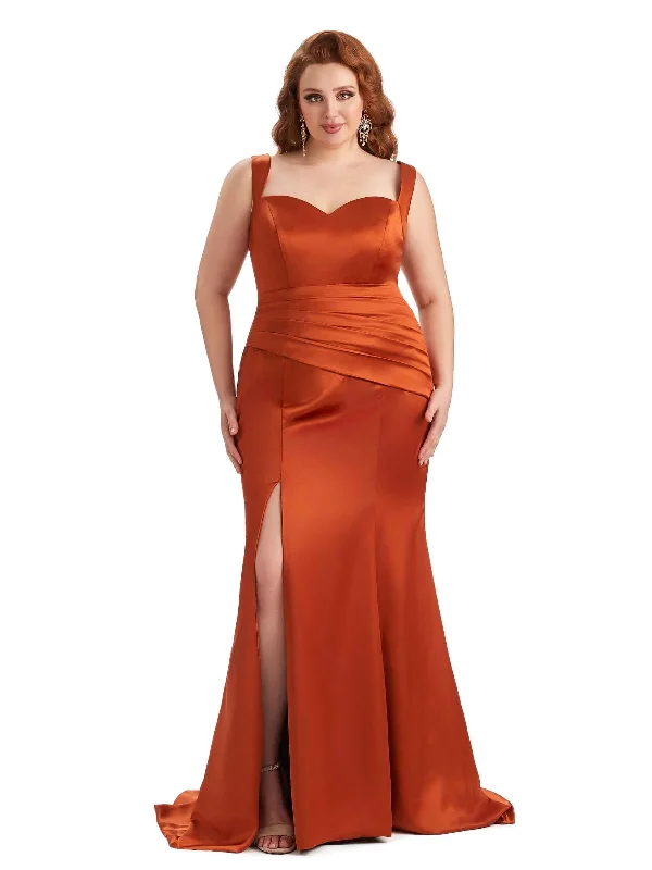 maxi dresses under $50Plus Size Sexy Side Slit Mermaid Straps Soft Satin Long Maid of Honor Dresses