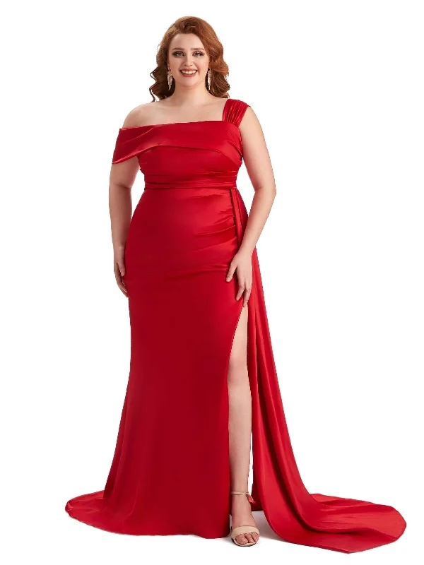 floral maxi dressesPlus Size Sexy Side Slit One Shoulder Mermaid Soft Satin Long Matron of Honor Dresses