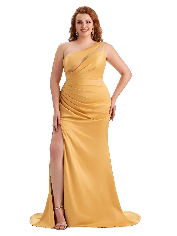 maxi dresses for summerSexy Unique One Shoulder Side Slit Mermaid Soft Satin Long Plus Size Maid of Honour Dresses