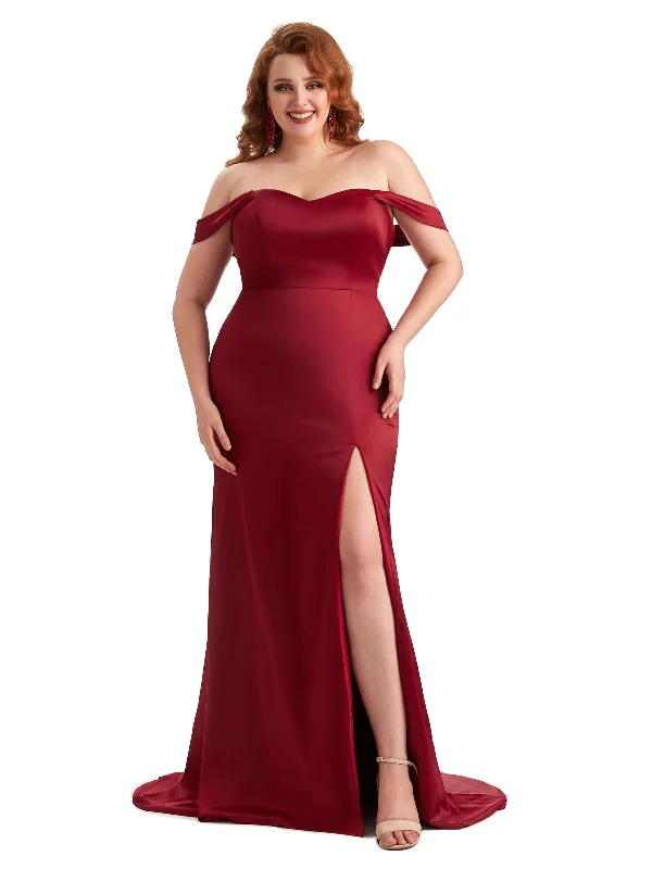 maxi dresses for bridesmaidsSimple Side Slit Off The Shoulder Mermaid Soft Satin Long Plus Size Maid of Honor Dresses