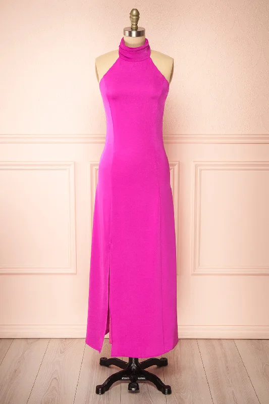 maxi dresses with short sleevesTirielle | Long Fuchsia Satin Dress w/ Slit