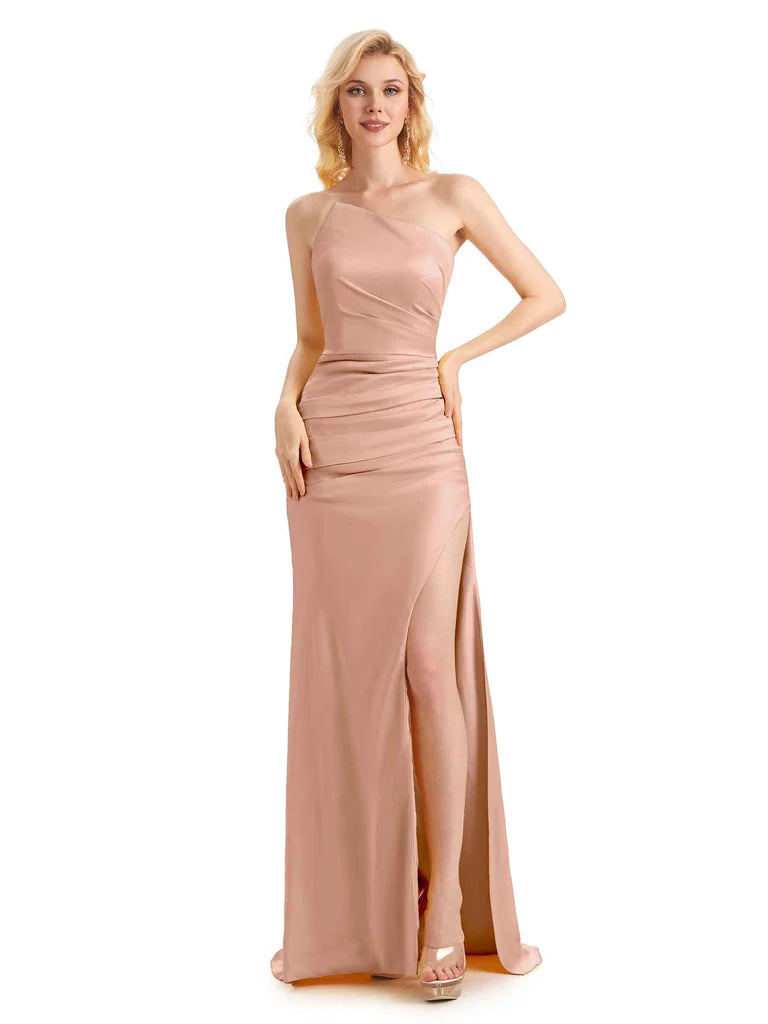 maxi dresses with zippersUnique Soft Satin Side Slit Off Shoulder Floor Length Long Mermaid Maid of Honor Dresses In Stock