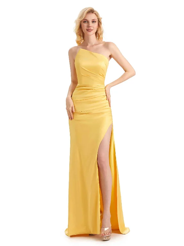 maxi dresses for beachUnique Soft Satin Side Slit One Shoulder Long Mermaid Maid of Honor Dresses