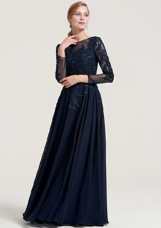 mermaid-inspired wedding dressesA-line Bateau 3/4 Sleeve Floor-Length Chiffon Mother of the Bride Dress With Beading Appliqued