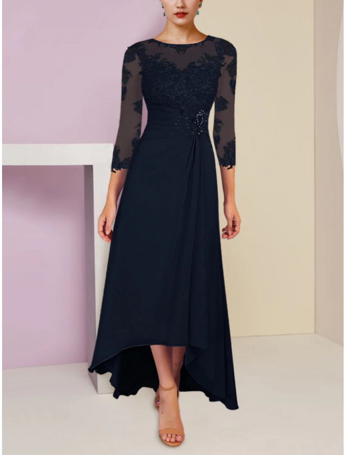 ball gown wedding dressesA-Line Mother of the Bride Dress Scoop Neck Asymmetrical Ankle Length Chiffon 3/4 Length Sleeve with Lace Sequin Ruching