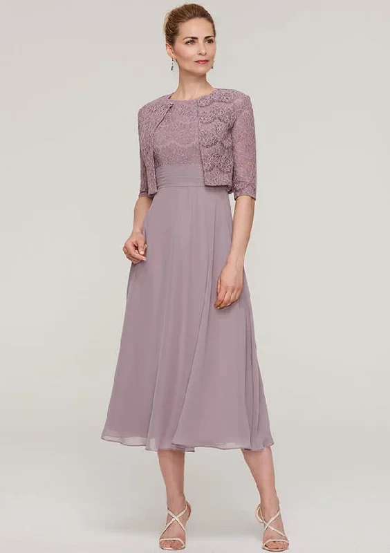 rustic wedding dressesA-line/Princess Scoop Neck Sleeveless Tea-Length Chiffon Mother of the Bride Dress With Lace Jacket