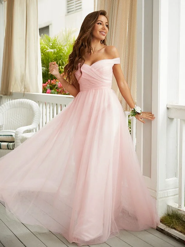 Sleeveless Dress With Balloon Sleeves (detachable)A-Line/Princess Tulle Ruched Off-the-Shoulder Sleeveless Floor-Length Dresses