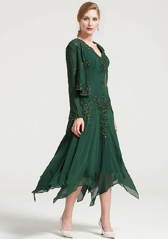 vintage-inspired wedding dressesA-line V NeckTea-Length Chiffon Mother of the Bride Dress With Jacket Appliqued Beading