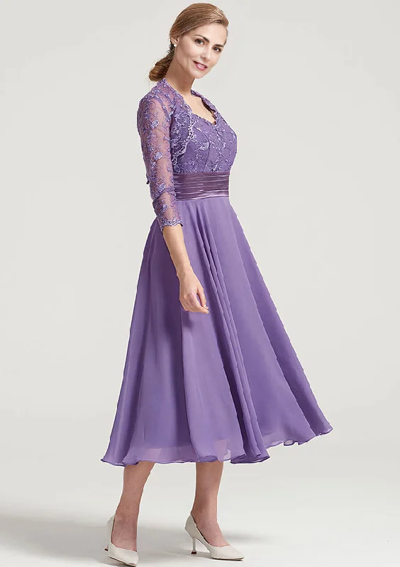 affordable wedding dressesA-line Tea-Length Chiffon Mother of the Bride Dress With Jacket Lace Pleated