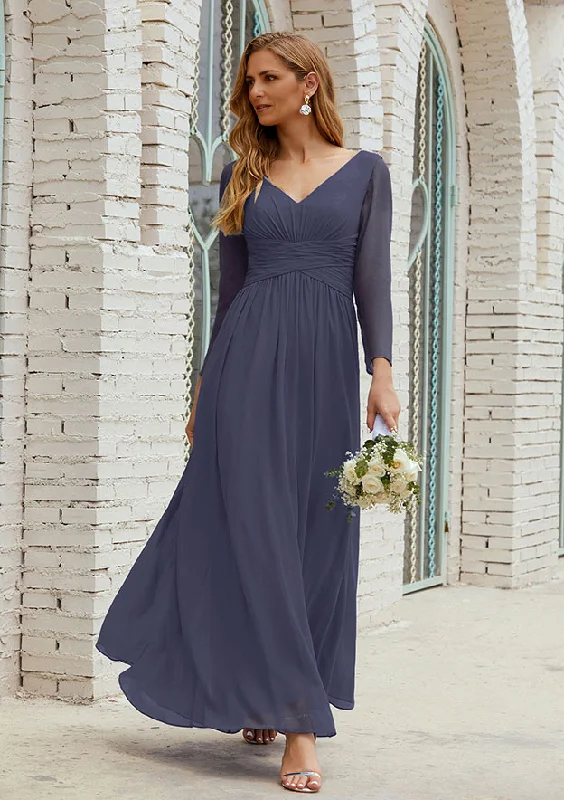 vintage elegance wedding dressesA-line V Neck Full/Long Sleeve Ankle-Length Chiffon Mother of the Bride Dress With Pleated