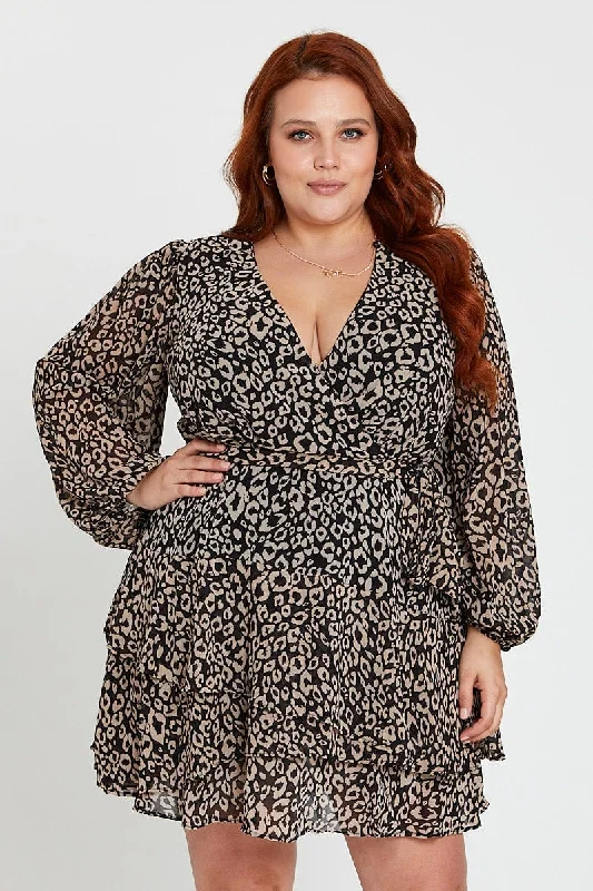 Feminine Long Sleeves DressAnimal Print Long Sleeve Frill Hem Leopard Skater Dress