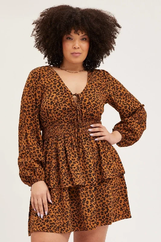 Fitted Long Sleeves DressAnimal Print Skater Dress V-neck Long Sleeve