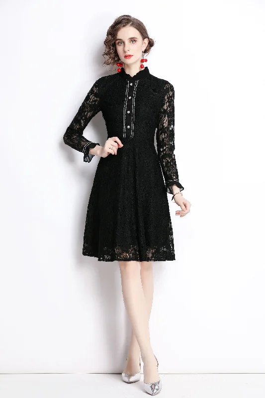 Funky Long Sleeves Maxi DressBlack Cocktail A-line Crewneck Long Sleeve Above Knee Lace Dress