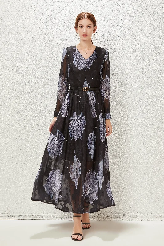 Full-Length Long Sleeves Formal GownBlack & Gray Cocktail A-line V-neck Long Sleeve Tea Floral Dress