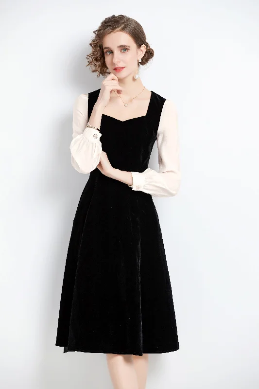 Funky Pattern Long Sleeves DressBlack & White Office A-line Sweetheart Neck Long Sleeve Knee Dress