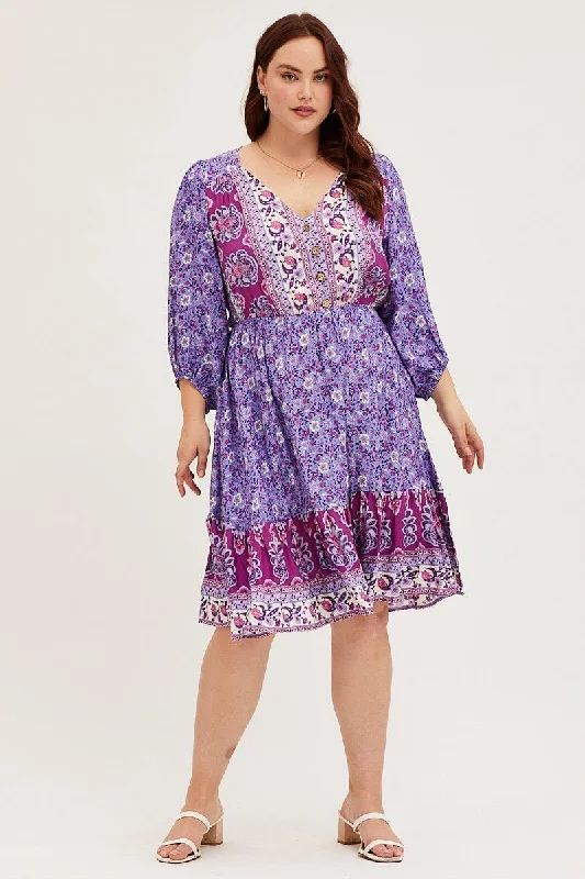 Fun Long Sleeves DressBoho Print Skater Dress V-neck Long Sleeve