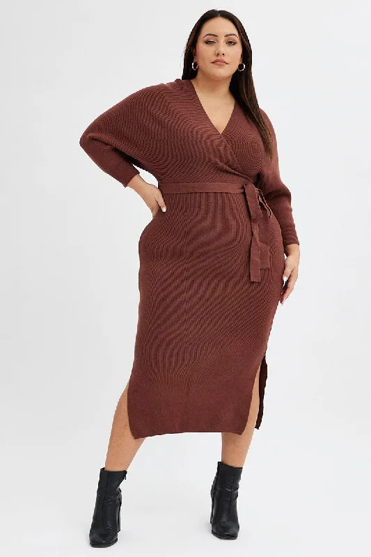 Flexible Fit Long Sleeves DressBrown Knit Dress Long Sleeve Rib Cross Front