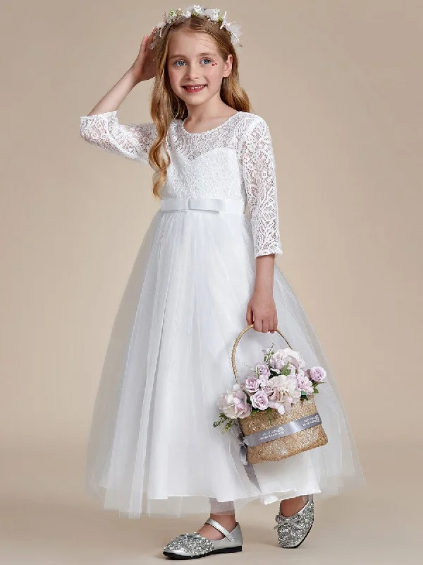 Flowery Lace Long Sleeves DressCharming Bow Lace Flower Girl Dress with Long Sleeves