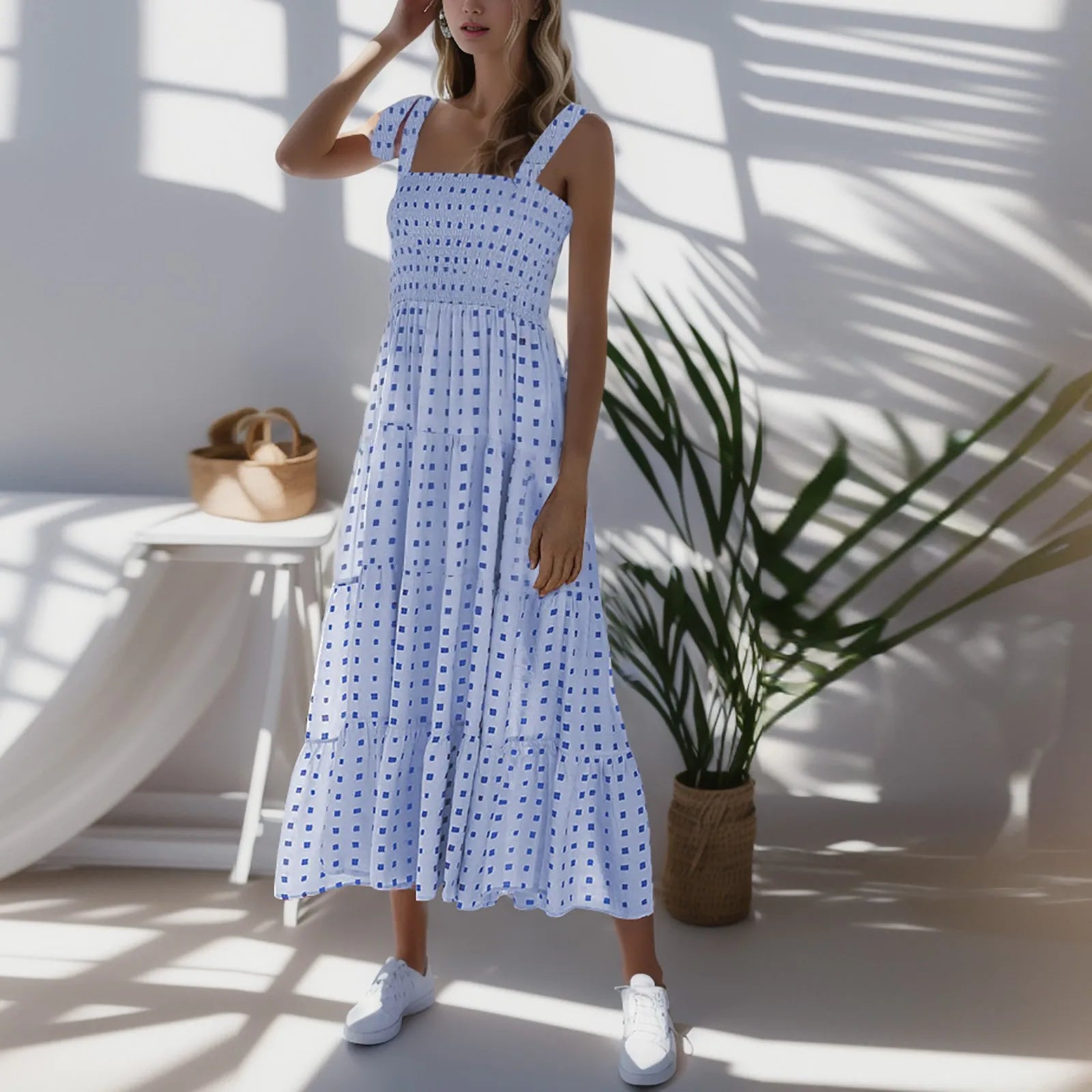 maxi dresses with short sleeves2024 Dot Square Neck Pleated Long Holiday Beach Casual Boho Dress