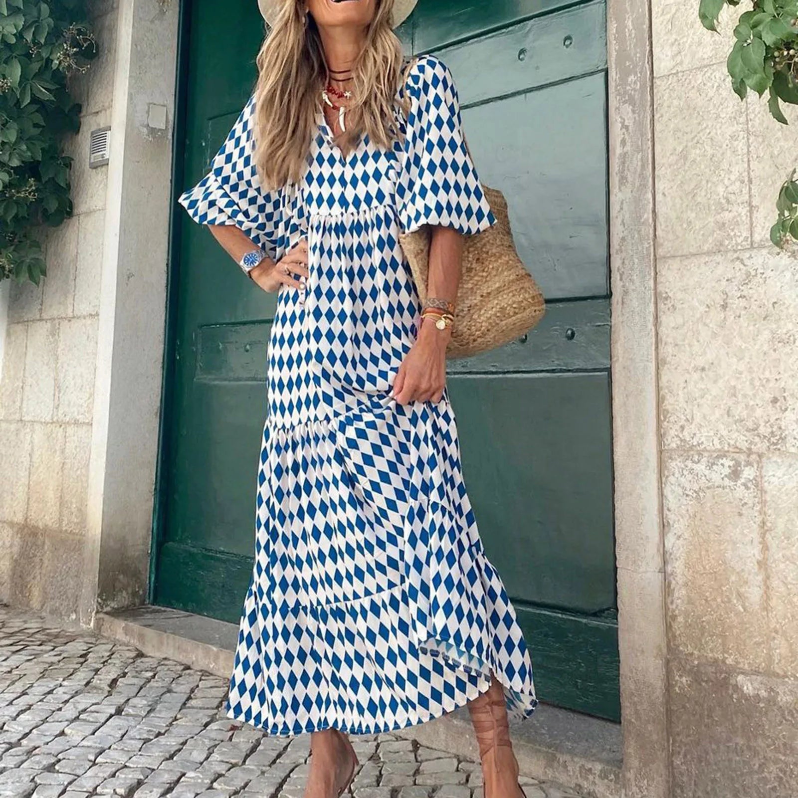 maxi dresses with A-line silhouettesBohemia Geometric Print Lace-up Puff Sleeves Long Women's Holiday Beach A-Line Boho Dress