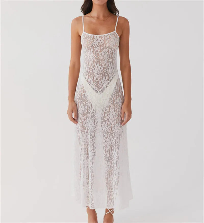 maxi dresses with thigh-high slitsFashionSierra - Lace Floral Long Dress Mesh See Through Summer Sleeveless White Lace Dress