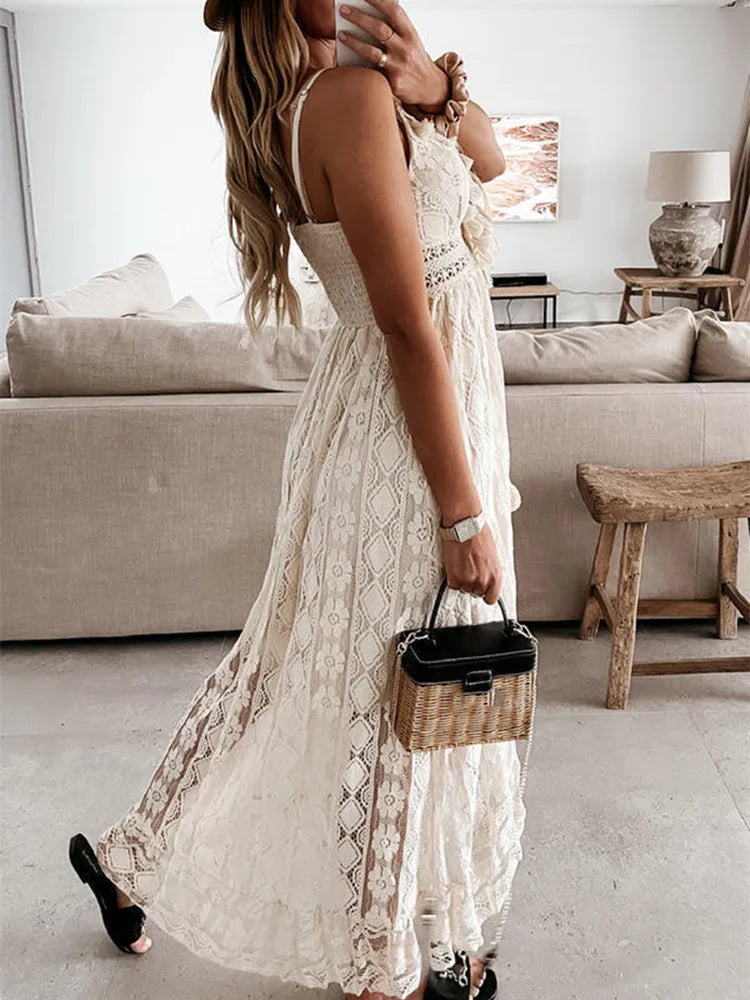 maxi dresses for outdoor weddingsFashionSierra - Boho Style Long Dress Deep V-neck Sleeveless A-Line Summer Lace Dress