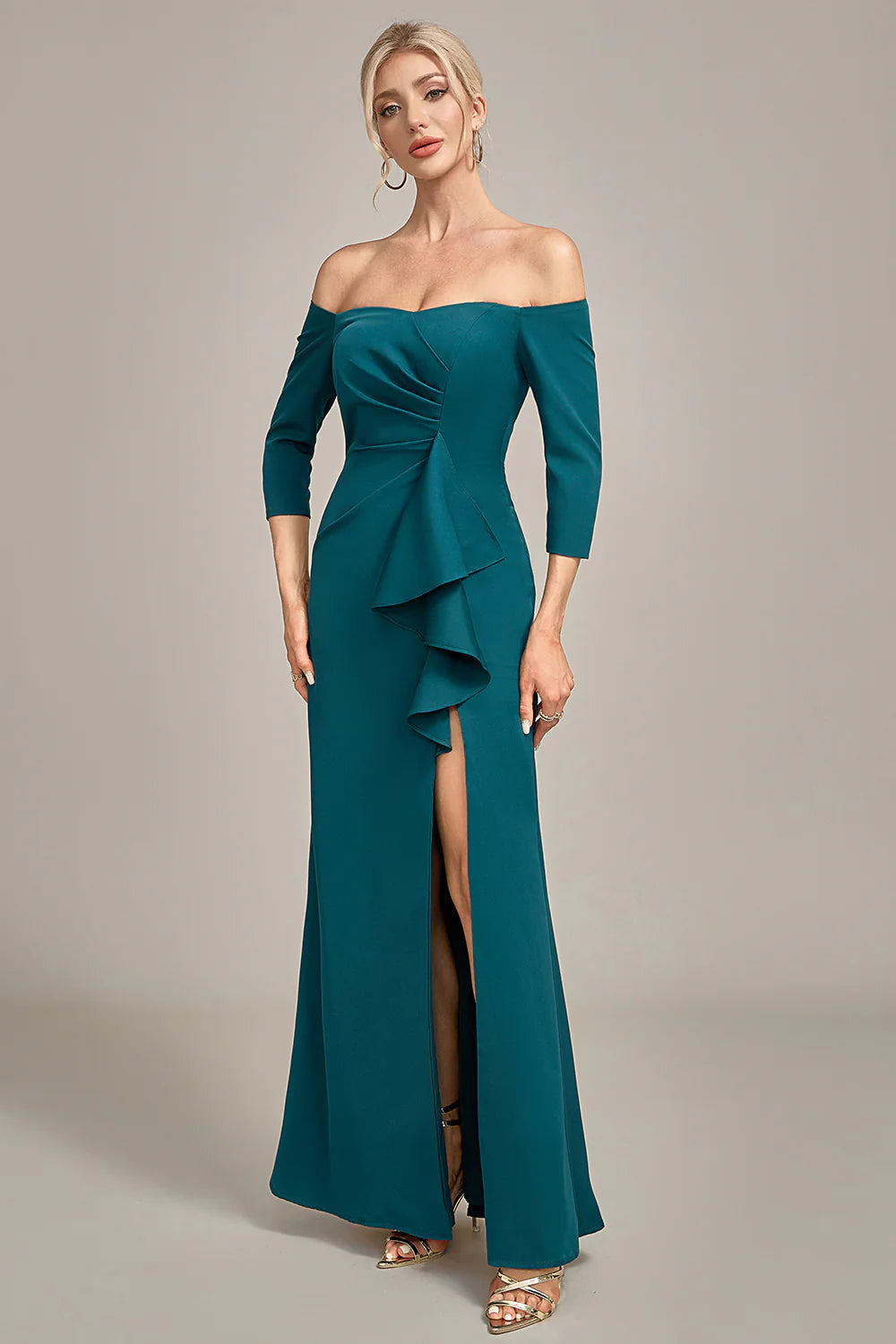 trendy wedding dressesDark Green Mermaid Off The Shoulder Cascading Ruffled Mother Of The Bride Dress With Slit