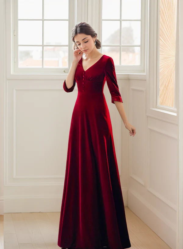 maxi dresses with buttonsElegant Long V-neck heart-shape bow-tied back A-line Velvet Dress