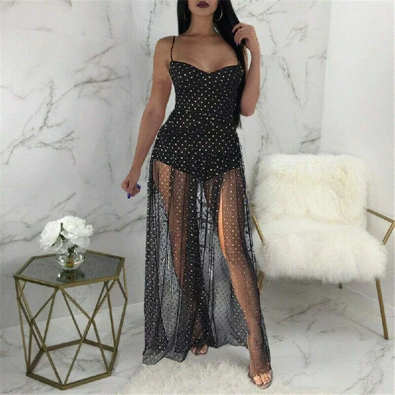 maxi dresses with rufflesFashionSierra - Fashion Women Sexy Polka Dots Slit Ladies See-Through Long Dress