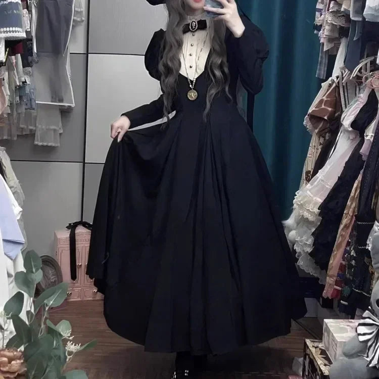 maxi dresses with high necklinesNew Gothic Punk Dark Lolita Harajuku Vintage Black Long Bubble Sleeve Waist Cinched Autumn Winter Dress