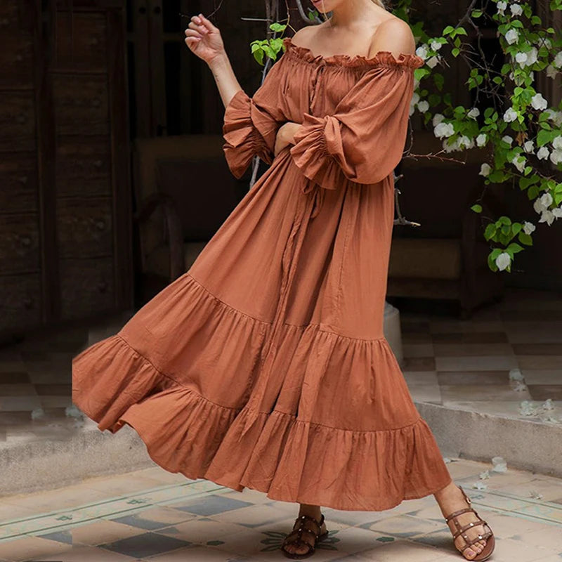 maxi dresses for petite womenFashionSierra-100% Cotton Vintage Off Shoulder Long For Women Robe Casual Lace Up Loose Summer Solid Ruffles Vestidos Boho Dress