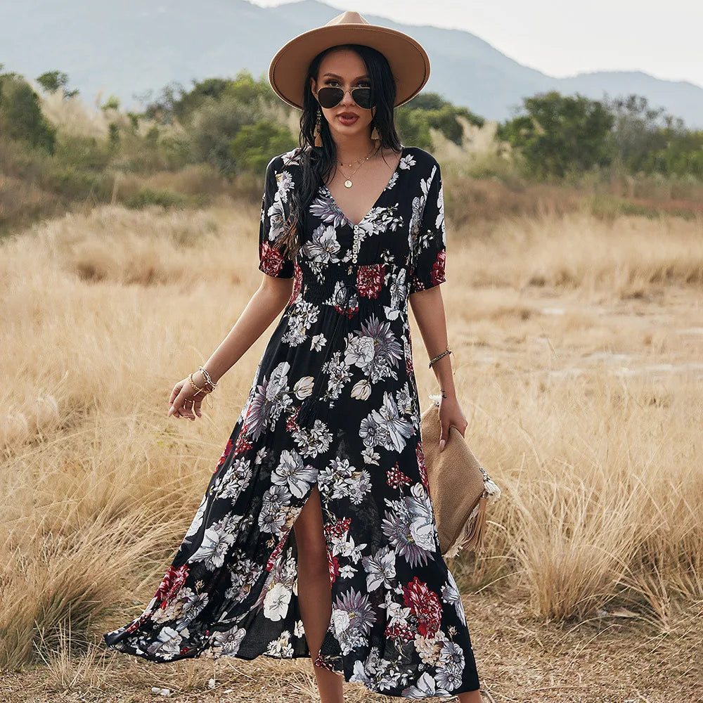 maxi dresses for breastfeeding mothersFashionSierra-Bohemian  Cotton Floral Print  Long  Women  V-neck  Short Sleeve  Casual  Vestido  Robe  Elegant  Summer Boho Dress