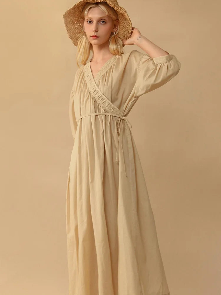 maxi dresses for date nightsFashionSierra-Casual  100% Cotton Wrap  Vintage  Puff Sleeve  V-neck  Loose  Solid  Long  Summer Boho Dress