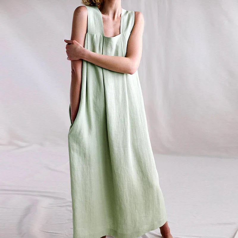 maxi dresses for girlsFashionSierra-Casual  Linen Cotton  Vintage  Oversize  Loose  Solid  Sleeveless  Long  Summer Boho Dress