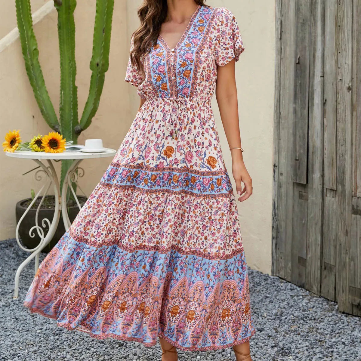 maxi dresses with pocketsFashionSierra-Casual  Short Sleeve  Long  Women  Vintage  Deep V  High Waist  Summer  2024  Beach Wear  Floral Print  Vestidos  Boho Dress