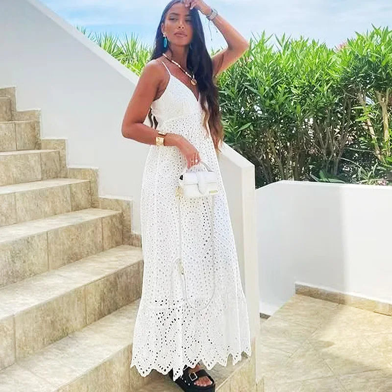 maxi dresses for summerFashionSierra-Cotton Floral Embroidery  Long  Lace  Women  Sexy  Deep V Neck  Backless  Sleeveless  Strap  Summer  Robe  Boho Dress