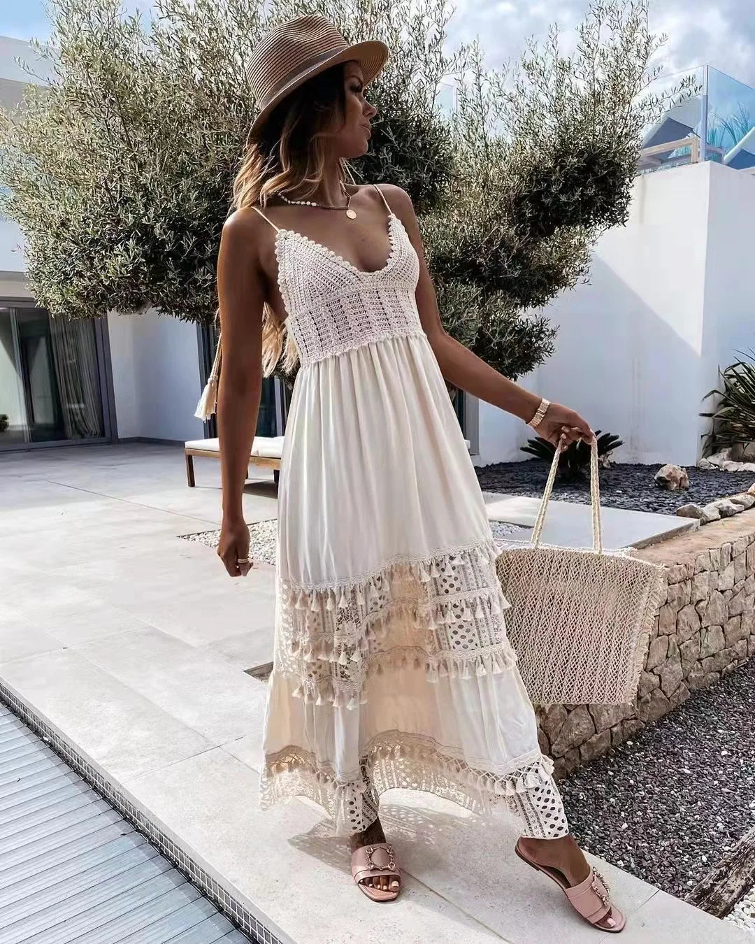 maxi dresses for boat ridesFashionSierra-Crochet Lace  Long Strap  Women  Robe  Vintage  Deep V-neck  Sleeveless  Summer  Beach  Casual  Ladies  Vestidos Boho Dress