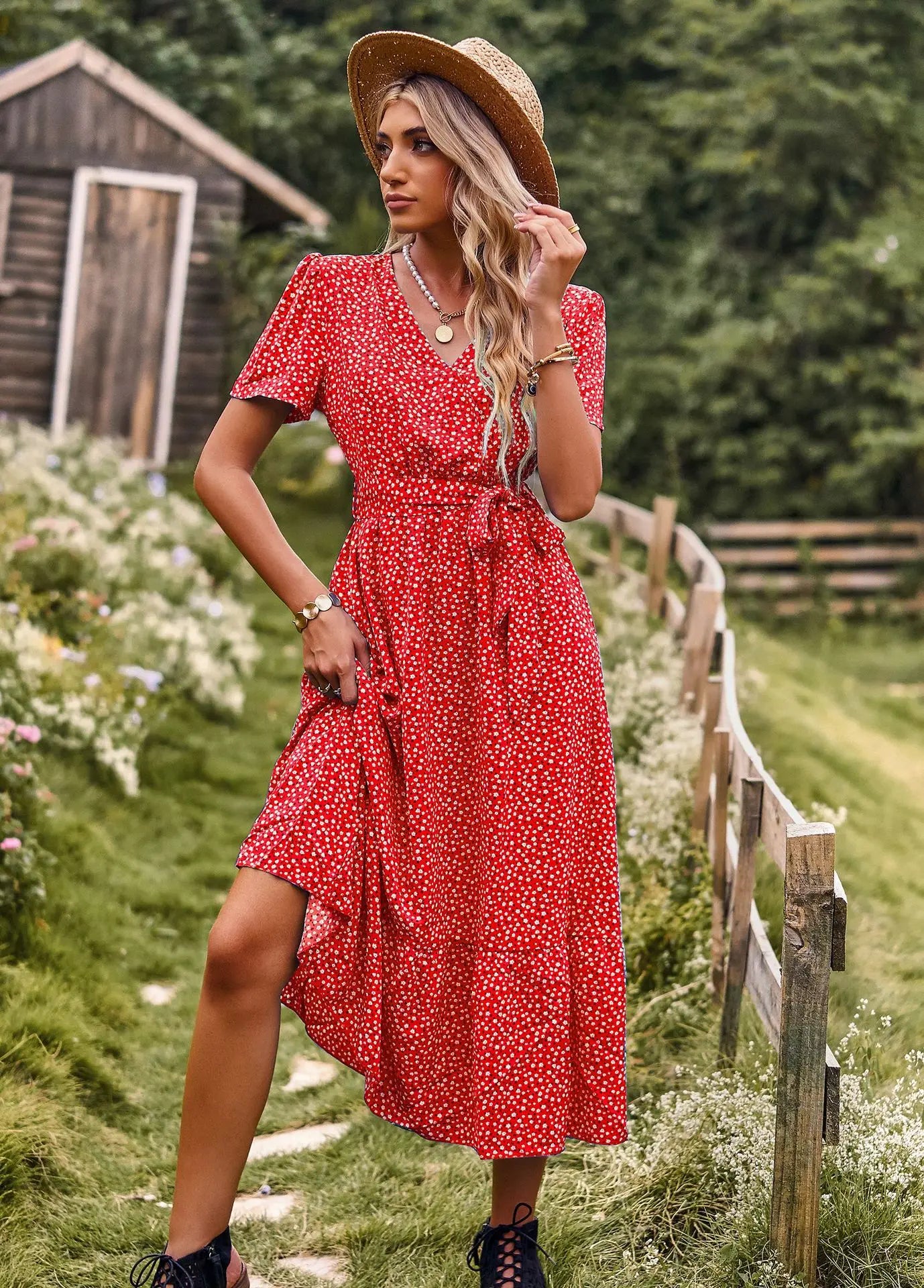 maxi dresses with front pocketsFashionSierra-Dot Print  Women  Robe  Casual  V-neck  Short Sleeve  Beach  Summer  2024  Sashes  High Waist  Long  Vestidos Boho Dress