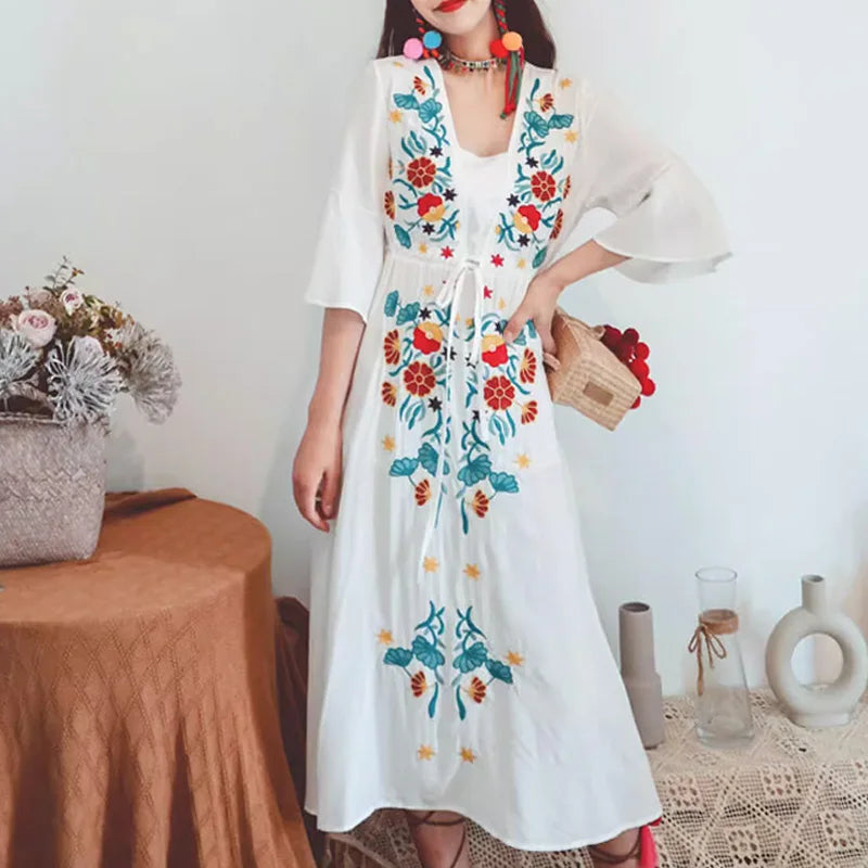 maxi dresses with back pocketsFashionSierra-Ethnic Embroidery  Cotton Rayon  Women  Robe  Casual  V-neck  Flare Sleeve  Long  Summer  Beach  Loose  Vestidos Boho Dress