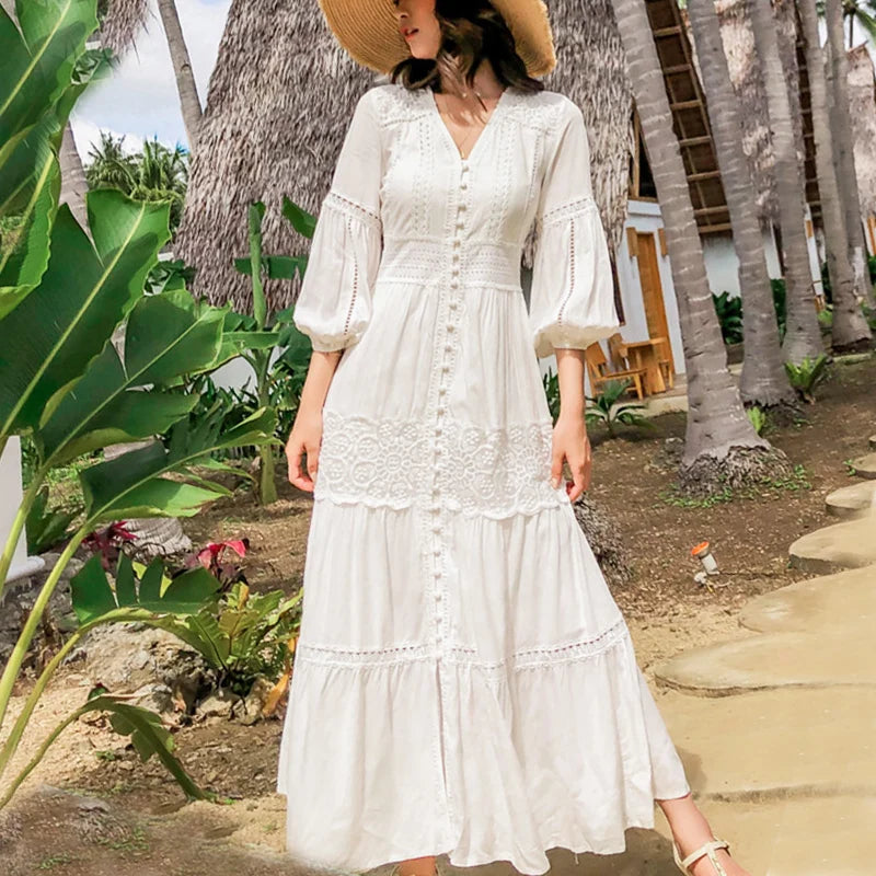 maxi dresses for formal eventsFashionSierra-Lantern Sleeve  Cotton  Splice Lace  Long  Vintage  White  V-neck  Autumn  Holiday Boho Dress