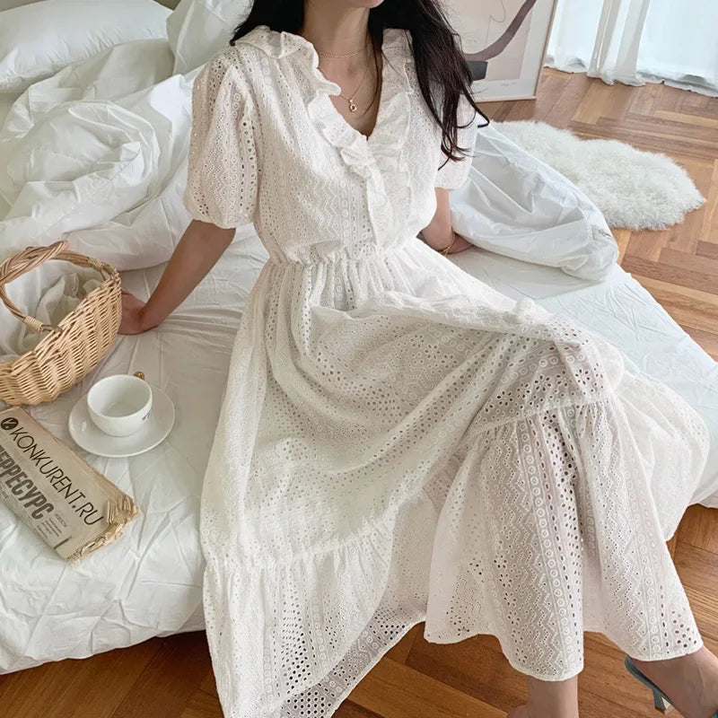 maxi dresses with pockets and sleevesFashionSierra-Ruffle V-Neck Puff Sleeve Women Cotton White Hollow Out Embroidered Long Robe Female Vestidos 2024 Boho Dress