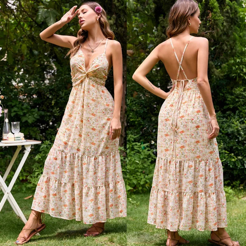 maxi dresses for semi-formal eventsFashionSierra-Sexy  Deep V Neck  Backless  Sleeveless  Long Strap  Women  Robe  Vintage  Floral Print  Summer  Beach  Vestidos Boho Dress